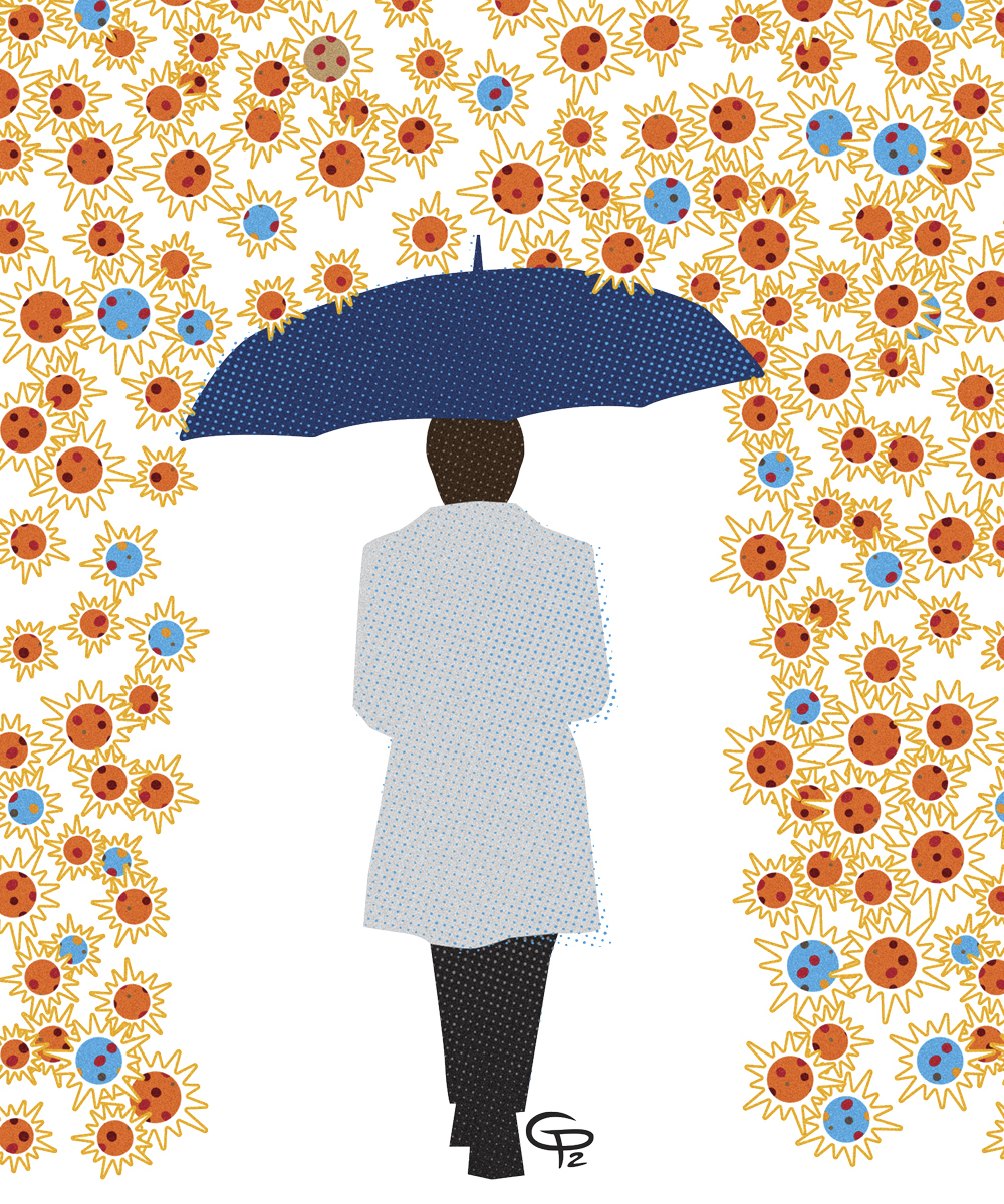 An image of a person in a white doctor’s coat holding an umbrella to protect themselves from a “storm” of red and blue cytokine molecules.